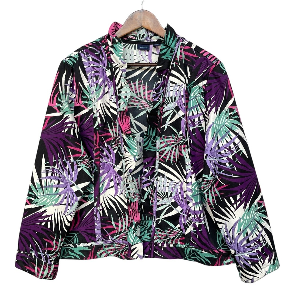 Westbound Women Tropical Open Front Blazer‎ Jacket Size XL Purple 100% Cotton